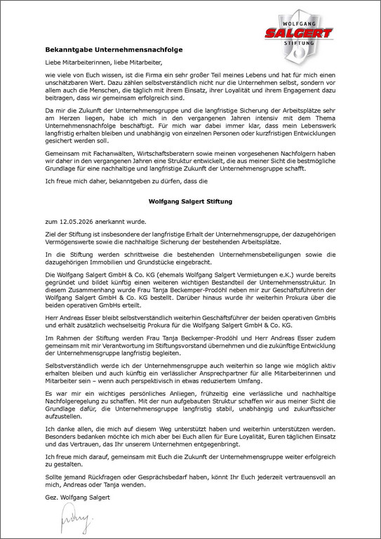 Bekanntgabe der Unternehmensnachfolge